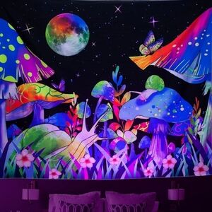 Blacklight Psychedelic Mushroom Tapestry Trippy Celestial Snail Moon Stars 59x79